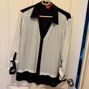 Sunny Leigh Brand Black & White Button-Up Blouse, Sheer, Large